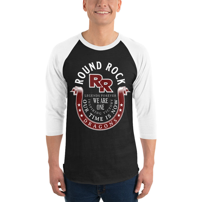 Man wearing Round Rock High School Dragons Unisex 3/4 sleeve Raglan T-shirt 229