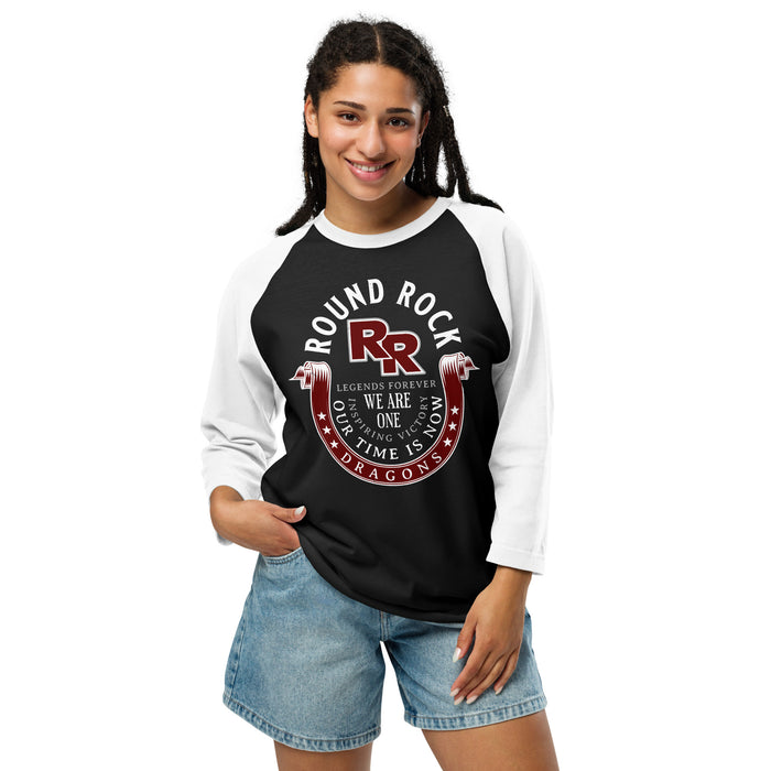 Woman wearing Round Rock High School Dragons Unisex 3/4 sleeve Raglan T-shirt 229