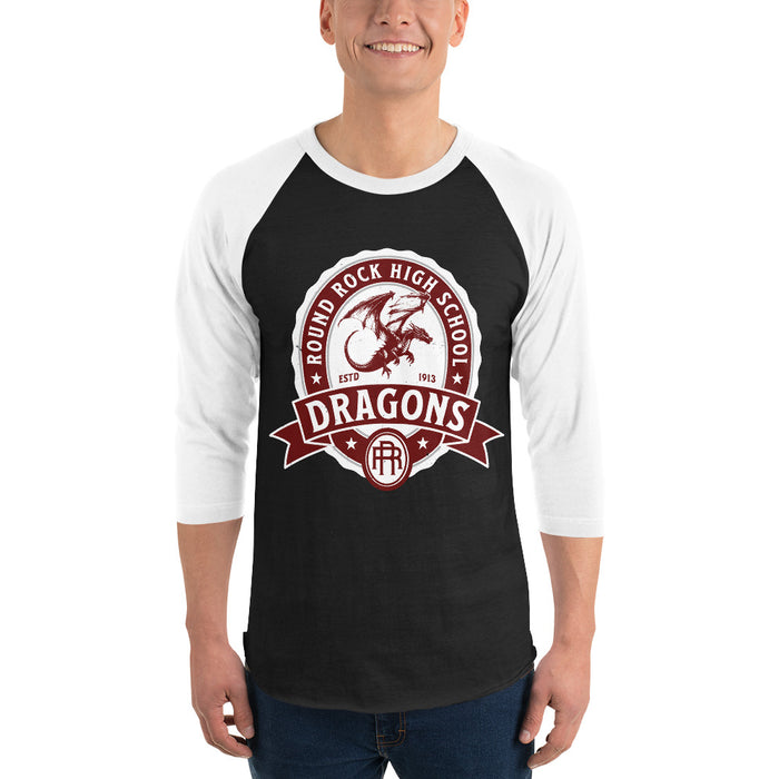 Man wearing Round Rock High School Dragons Unisex 3/4 sleeve Raglan T-shirt 212