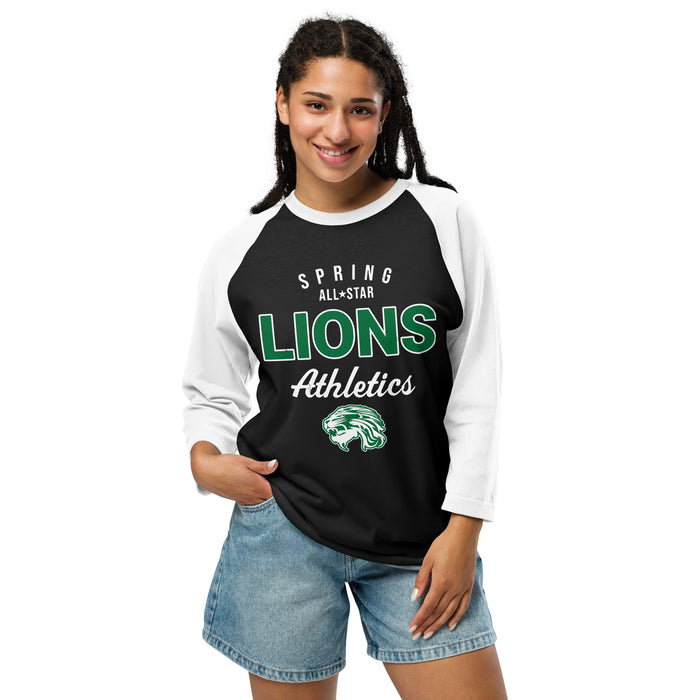 Woman wearing Spring High School Lions Unisex 3/4 Sleeve Raglan T-shirt 034