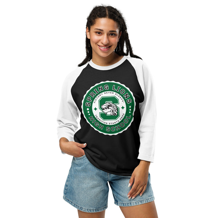 Woman wearing Spring High School Lions Unisex 3/4 Sleeve Raglan T-shirt 216A