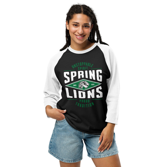 Woman wearing Spring High School Lions Unisex 3/4 Sleeve Raglan T-shirt 210
