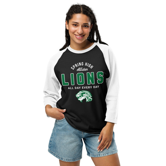 Woman wearing Spring High School Lions Unisex 3/4 Sleeve Raglan T-shirt 040