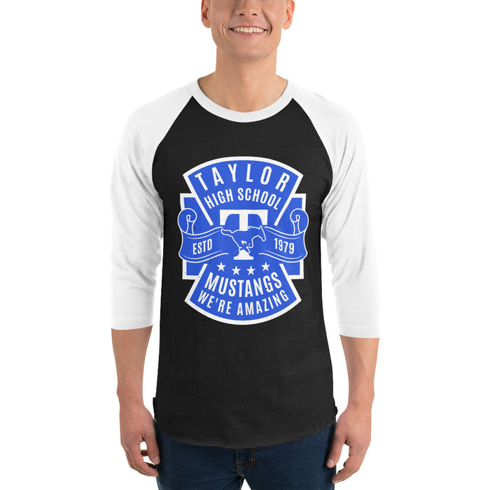 Man wearing Taylor High School Mustangs Unisex 3/4 sleeve Raglan T-shirt 207