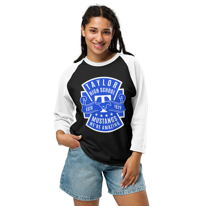 Woman wearing Taylor High School Mustangs Unisex 3/4 sleeve Raglan T-shirt 207