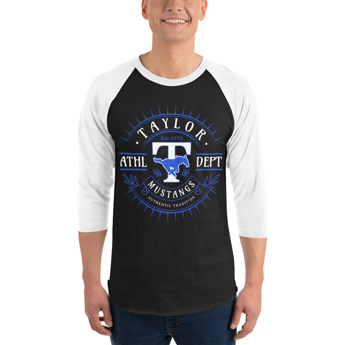 Man wearing Taylor High School Mustangs Unisex 3/4 sleeve Raglan T-shirt 201