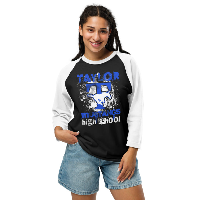 Woman wearing Taylor High School Mustangs Unisex 3/4 sleeve Raglan T-shirt 205
