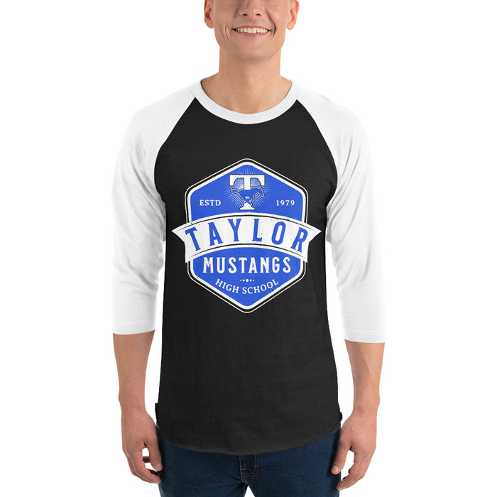 Man wearing Taylor High School Mustangs Unisex 3/4 sleeve Raglan T-shirt 209