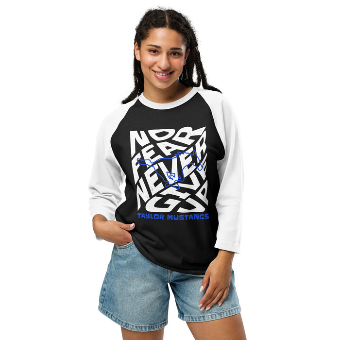 Woman wearing Taylor High School Mustangs Unisex 3/4 sleeve Raglan T-shirt 236