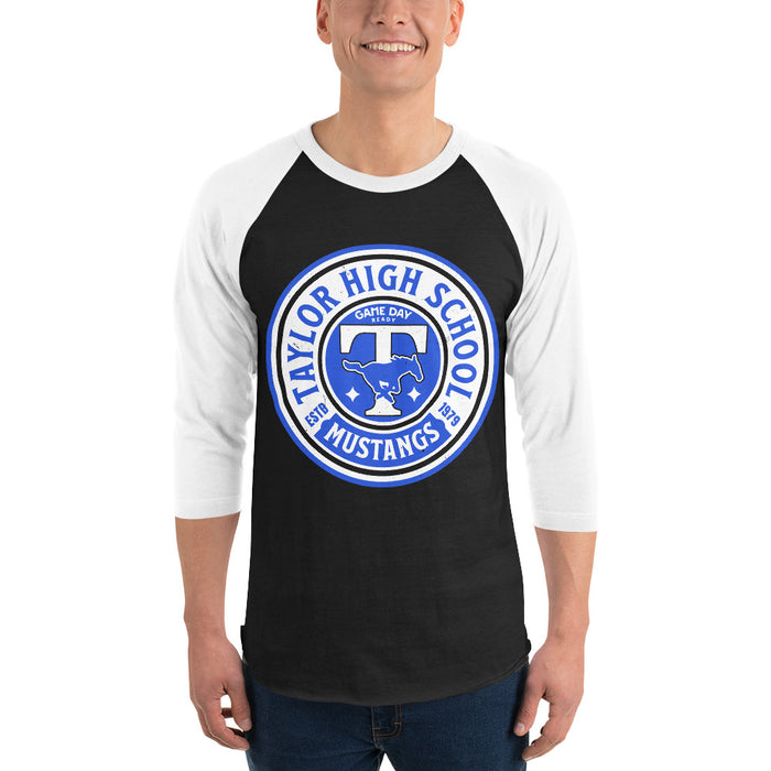 Man wearing Taylor High School Mustangs Unisex 3/4 sleeve Raglan T-shirt 220
