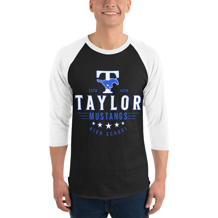 Man wearing Taylor High School Mustangs Unisex 3/4 sleeve Raglan T-shirt 217