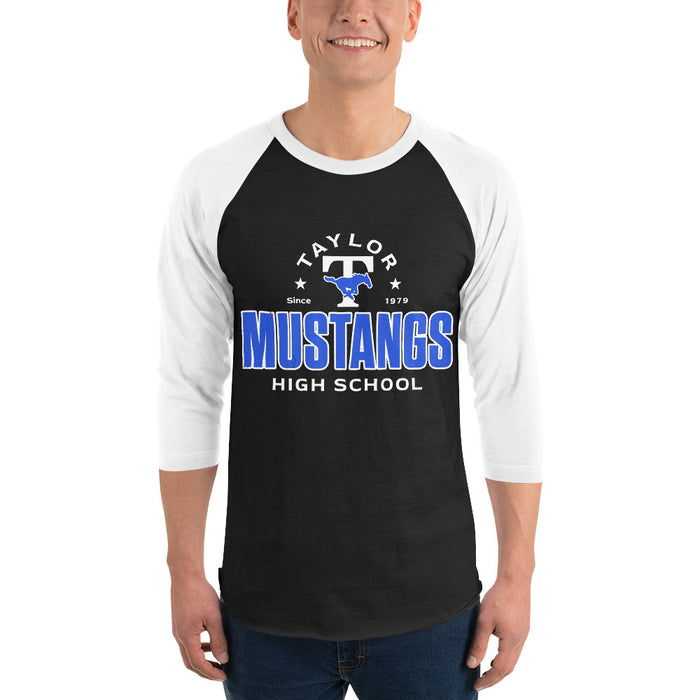Man wearing Taylor High School Mustangs Unisex 3/4 sleeve Raglan T-shirt 222