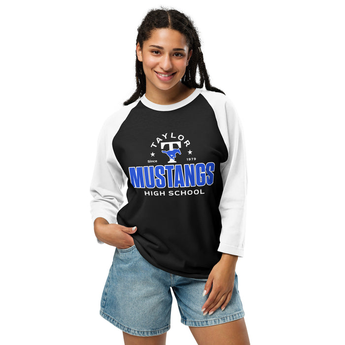 Woman wearing Taylor High School Mustangs Unisex 3/4 sleeve Raglan T-shirt 222