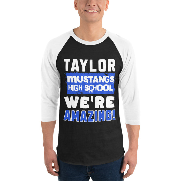 Man wearing Taylor High School Mustangs Unisex 3/4 sleeve Raglan T-shirt 231