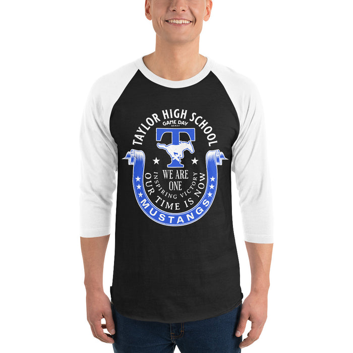 Man wearing Taylor High School Mustangs Unisex 3/4 sleeve Raglan T-shirt 229