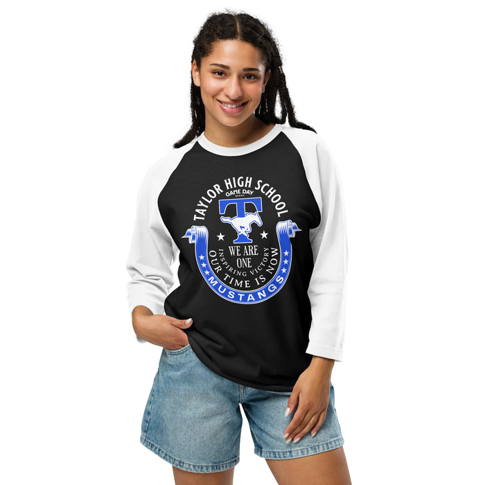Woman wearing Taylor High School Mustangs Unisex 3/4 sleeve Raglan T-shirt 229
