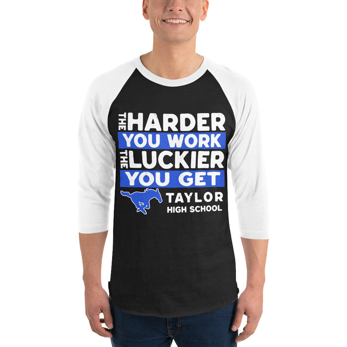 Man wearing Taylor High School Mustangs Unisex 3/4 sleeve Raglan T-shirt 238