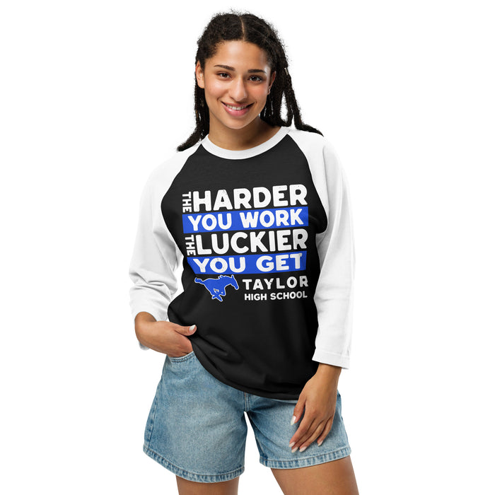 Woman wearing Taylor High School Mustangs Unisex 3/4 sleeve Raglan T-shirt 238