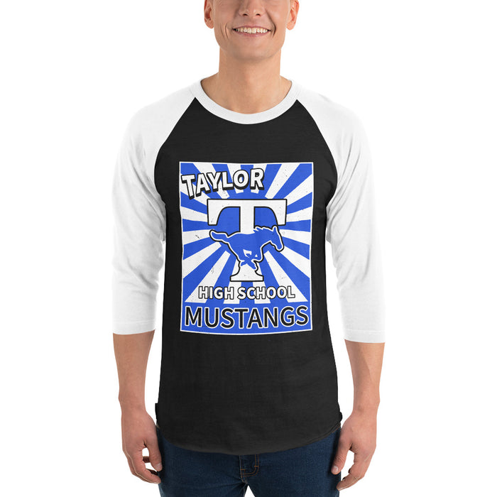 Man wearing Taylor High School Mustangs Unisex 3/4 sleeve Raglan T-shirt 226