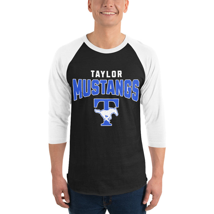 Man wearing Taylor High School Mustangs Unisex 3/4 sleeve Raglan T-shirt 234