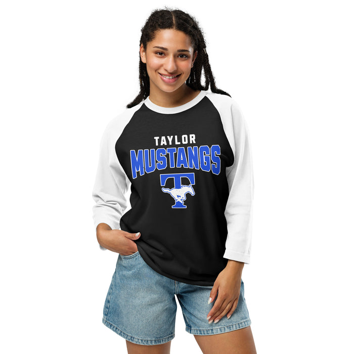 Woman wearing Taylor High School Mustangs Unisex 3/4 sleeve Raglan T-shirt 234