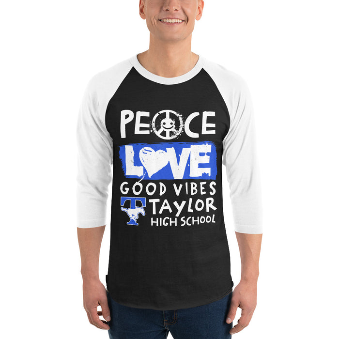 Man wearing Taylor High School Mustangs Unisex 3/4 sleeve Raglan T-shirt 240