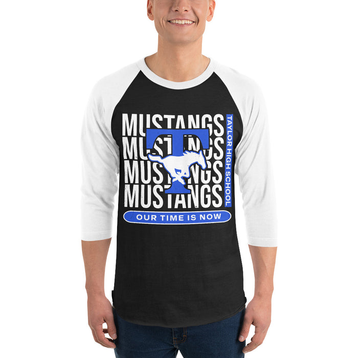 Man wearing Taylor High School Mustangs Unisex 3/4 sleeve Raglan T-shirt 235