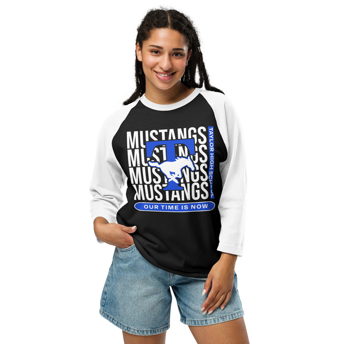 Woman wearing Taylor High School Mustangs Unisex 3/4 sleeve Raglan T-shirt 235