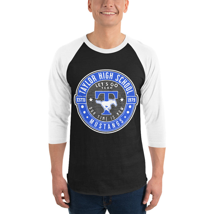Man wearing Taylor High School Mustangs Unisex 3/4 sleeve Raglan T-shirt 224