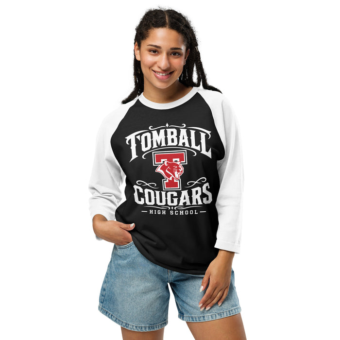 Woman wearing Tomball High School Cougars Unisex 3/4 sleeve Raglan T-shirt 022