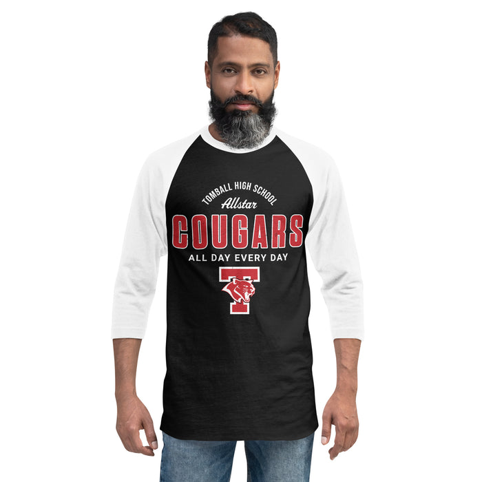 Front view of man wearing Tomball High School Cougars Unisex 3/4 sleeve Raglan T-shirt 040
