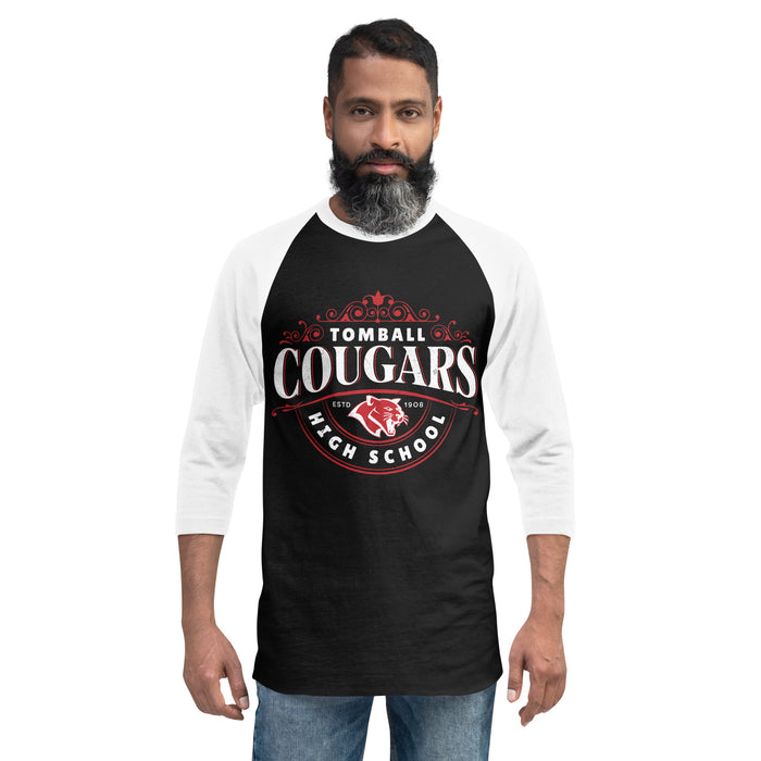 Front view of man wearing Tomball High School Cougars Unisex 3/4 sleeve Raglan T-shirt 211