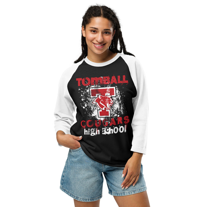 Woman wearing Tomball High School Cougars Unisex 3/4 sleeve Raglan T-shirt 205