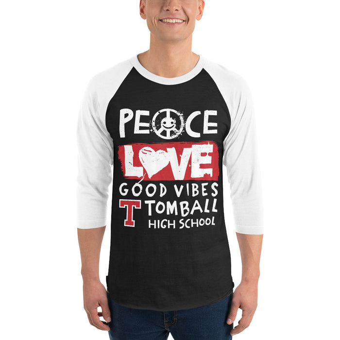 Man wearing Tomball High School Cougars Unisex 3/4 sleeve Raglan T-shirt 240