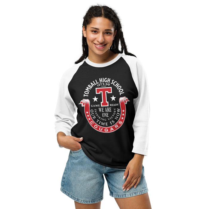 Woman wearing Tomball High School Cougars Unisex 3/4 sleeve Raglan T-shirt 229