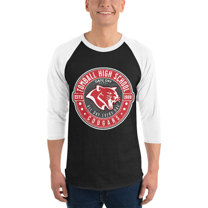 Man wearing Tomball High School Cougars Unisex 3/4 sleeve Raglan T-shirt 224