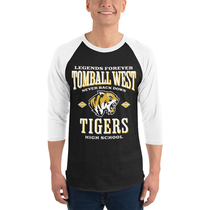 Man wearing Tomball West High School Tigers Unisex 3/4 sleeve Raglan T-shirt 230