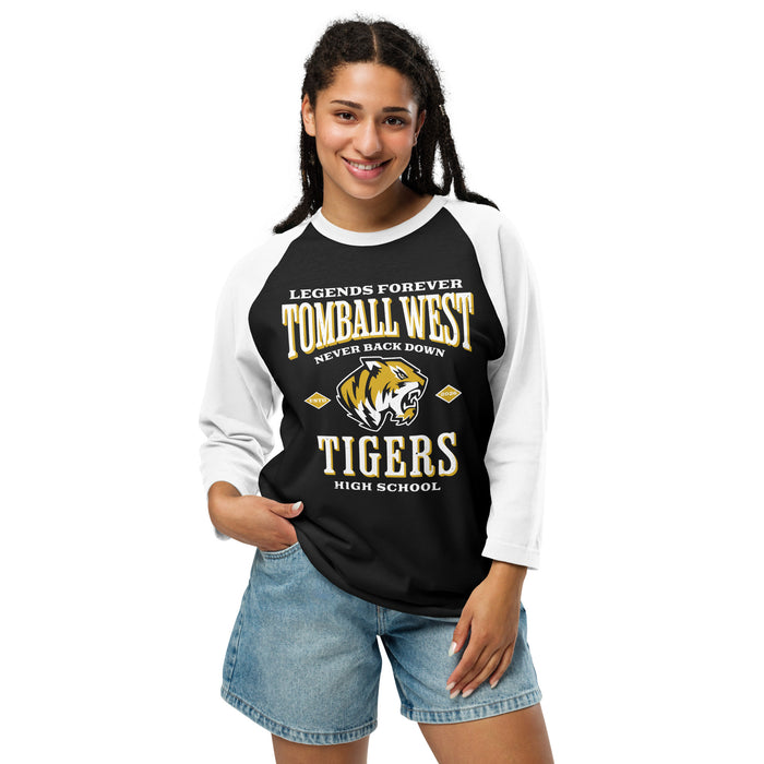 Woman wearing Tomball West High School Tigers Unisex 3/4 sleeve Raglan T-shirt 230
