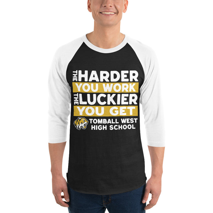 Man wearing Tomball West High School Tigers Unisex 3/4 sleeve Raglan T-shirt 238