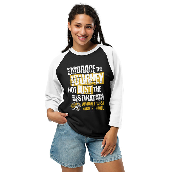 Woman wearing Tomball West High School Tigers Unisex 3/4 sleeve Raglan T-shirt 232