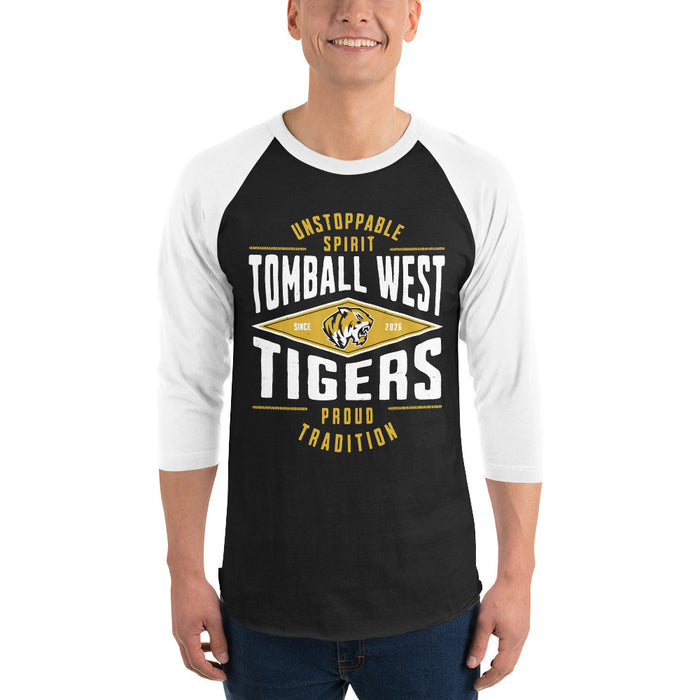 Man wearing Tomball West High School Tigers Unisex 3/4 sleeve Raglan T-shirt 210