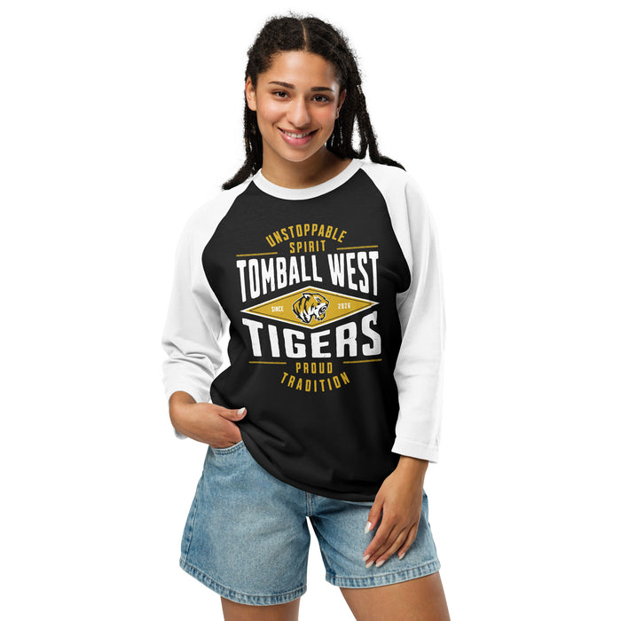 Woman wearing Tomball West High School Tigers Unisex 3/4 sleeve Raglan T-shirt 210