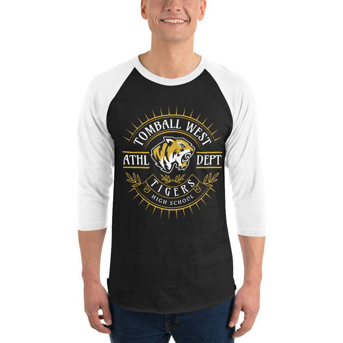 Man wearing Tomball West High School Tigers Unisex 3/4 sleeve Raglan T-shirt 201