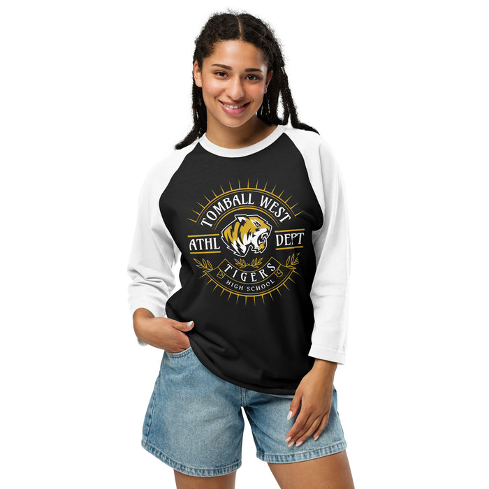 Woman wearing Tomball West High School Tigers Unisex 3/4 sleeve Raglan T-shirt 201