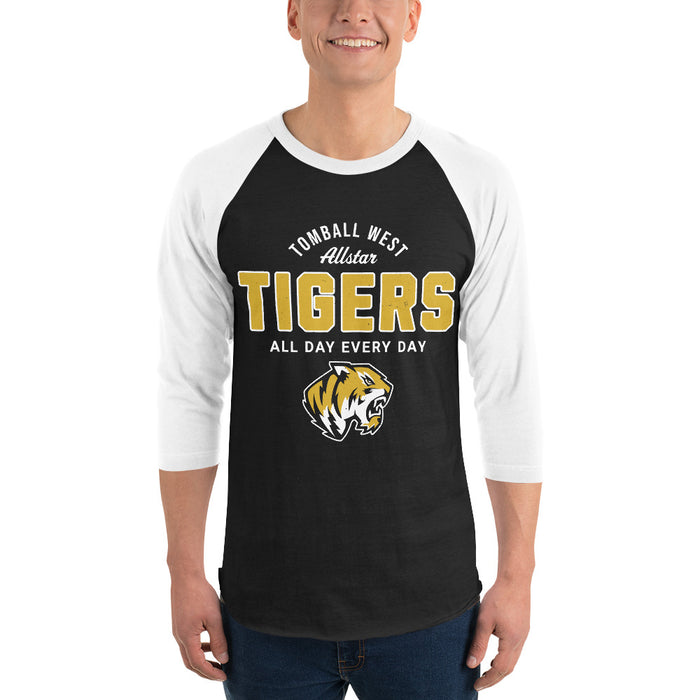 Man wearing Tomball West High School Tigers Unisex 3/4 sleeve Raglan T-shirt 040