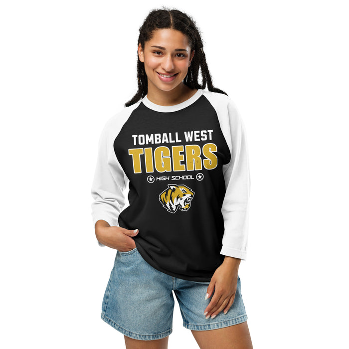 Woman wearing Tomball West High School Tigers Unisex 3/4 sleeve Raglan T-shirt 003