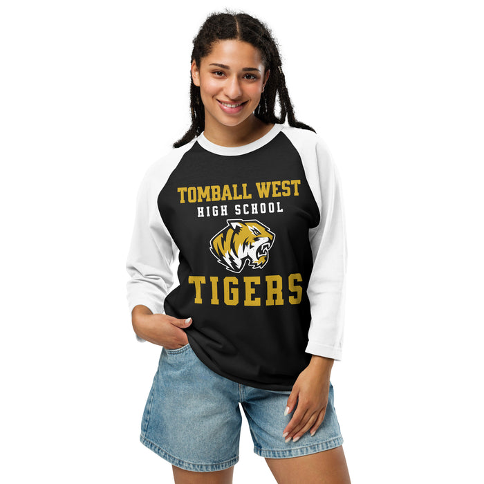 Woman waring Tomball West High School Tigers Unisex 3/4 sleeve Raglan T-shirt 006