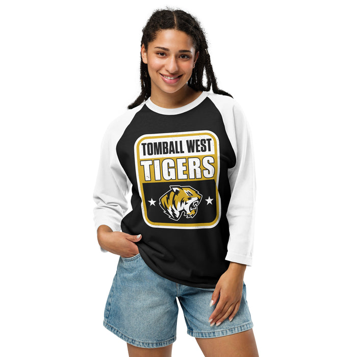 Woman wearing Tomball West High School Tigers Unisex 3/4 sleeve Raglan T-shirt 001
