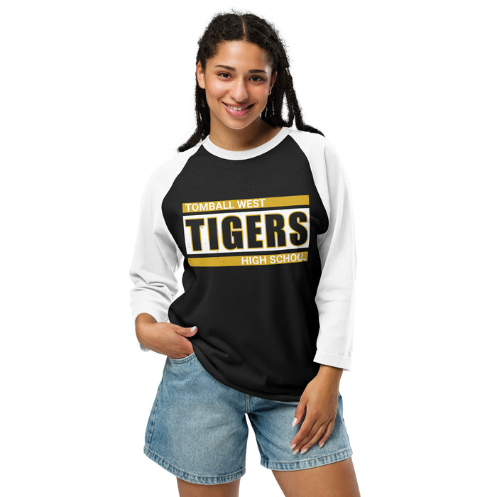 Woman wearing Tomball West High School Tigers Unisex 3/4 sleeve Raglan T-shirt 098