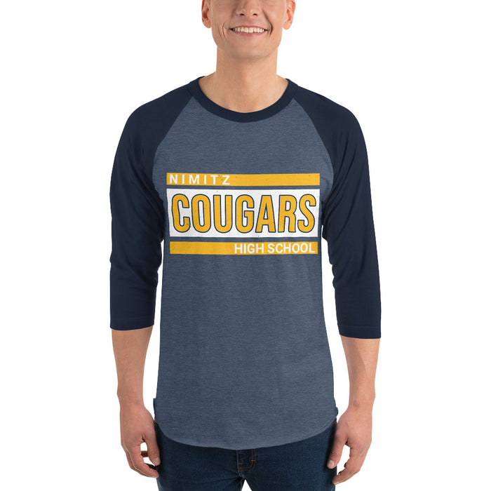 Man wearing Nimitz High School Cougars Unisex 3/4 Sleeve Raglan T-shirt 098